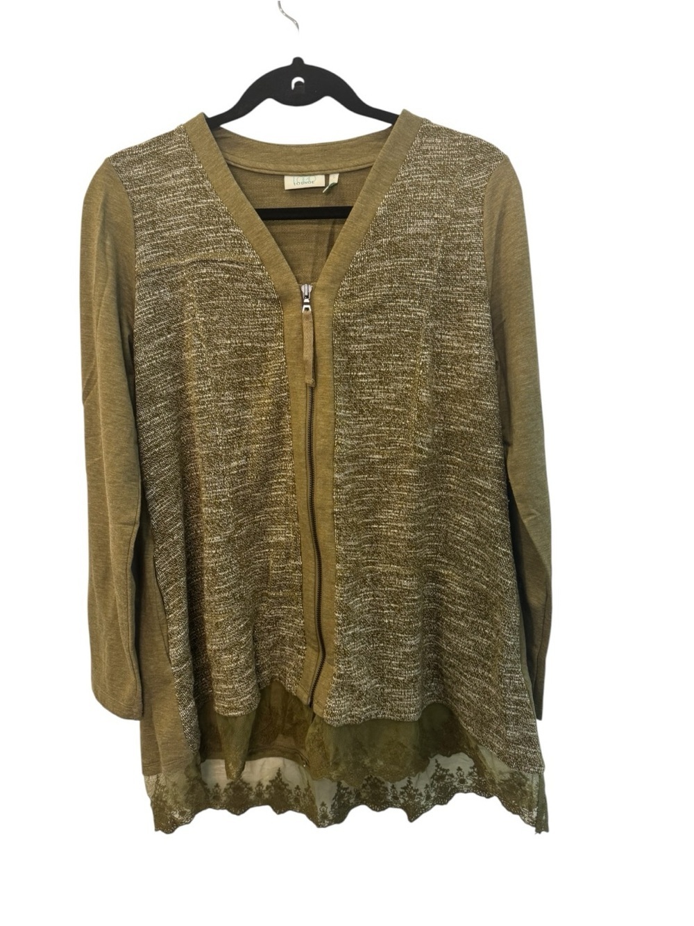 LOGO by Lori Goldstein olive green zip-front trapeze cardigan size S
